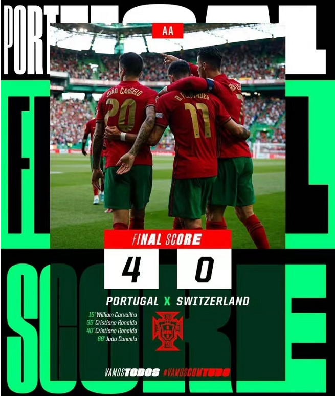 欧国联-葡萄牙4-0瑞士 C罗梅开二度超越大罗 创造五大记录