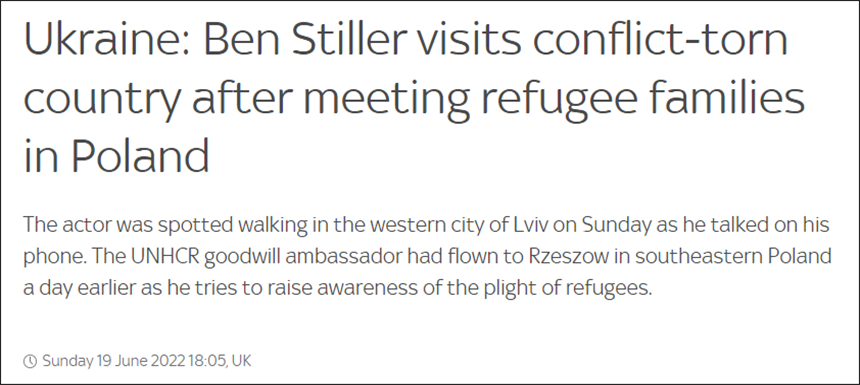 访问波兰后，美国演员本·斯蒂勒被拍到人在乌克兰利沃夫